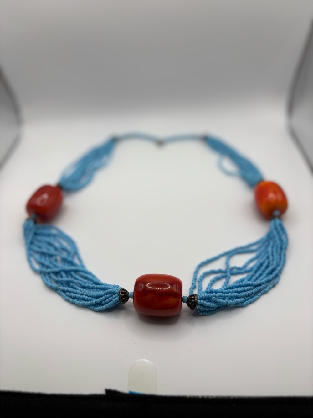Blue Multi-Strand Seed Bead Necklace with Red Coral Focal Beads 22in
